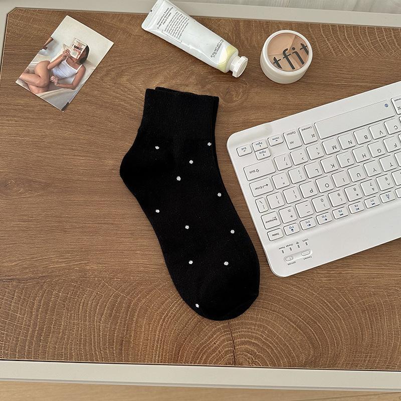 White Polka Dot Socks Medium Tube Socks Summer Thin Solid Color Breathable Short Cotton Socks Simple Mesh Versatile