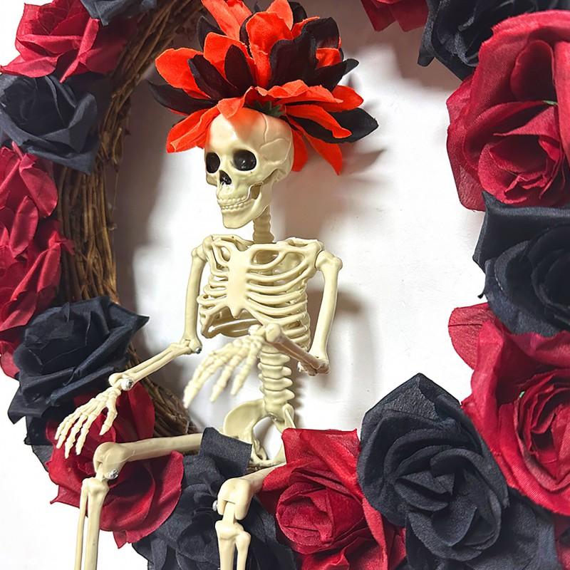 Halloween Skull Wreath With Red Roses Crow Decorations Party Home Door Wall Display