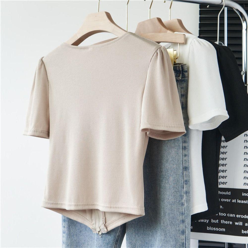 Square Neck Double Zipper T-shirt Loose Crop Tees for Women Sweet Short Sleeved T Shirts Summer