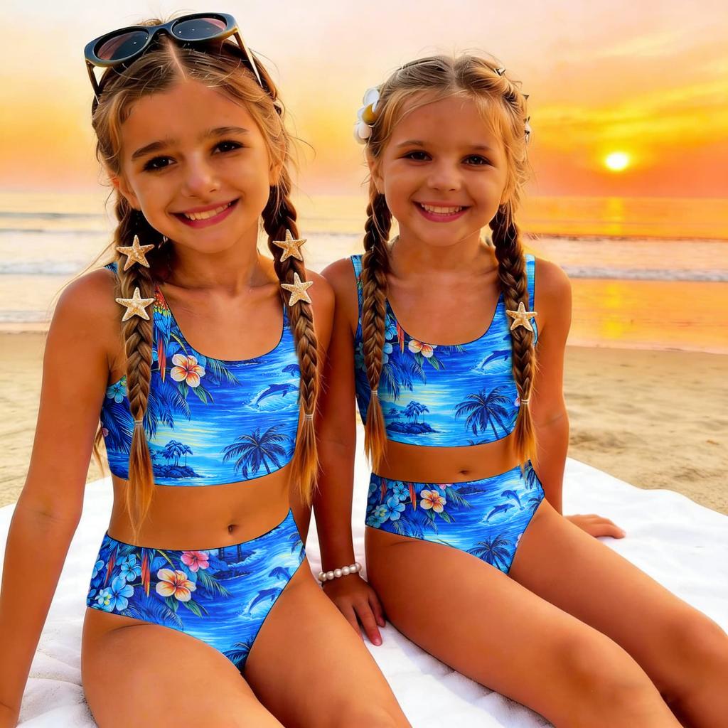 Bambina Due Pezzi Bikini Costume da Bagno Set Estate Casual Stampa Hawaiana Canotta e Slip a Vita Alta Costumi da Bagno per Bambini