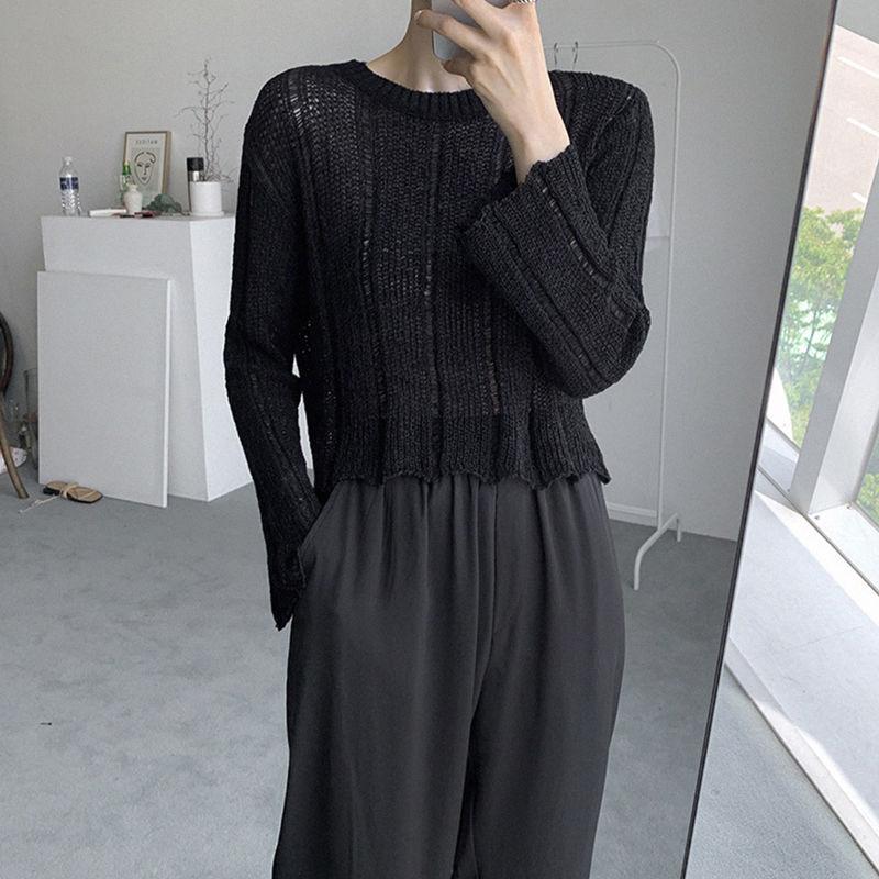 Fashion Crew Neck Hollow Out Sun Protection Cover Up Spring Autumn Korean Style Loose Lazy Style Long Sleeve Knit Top Women's