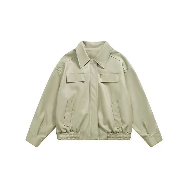 

Жіноча вінтажна повсякденна шкіряна куртка з поліуретанової блискавки Модна вільна однотонна куртка з відкладним коміром і кишенею на талії Жіночі куртки M зелений