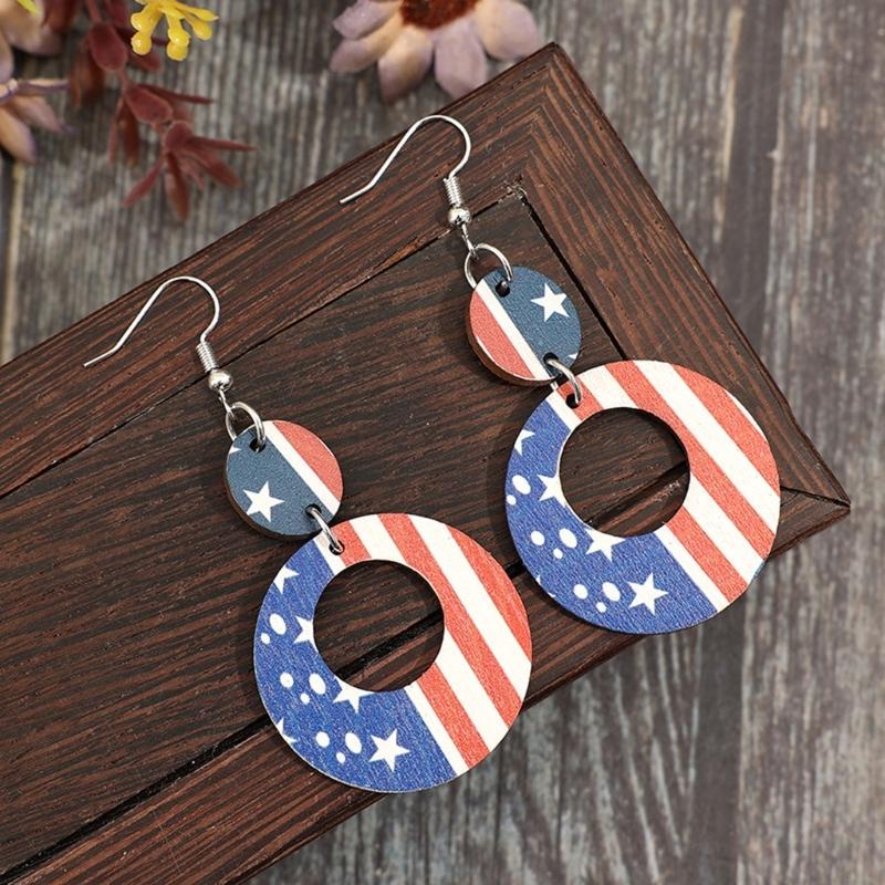 1 Pair Stylish Hoop Earrings Patriotic Statement Earrings Wood Texture Perfect for Patriotic Celebrations and Party
