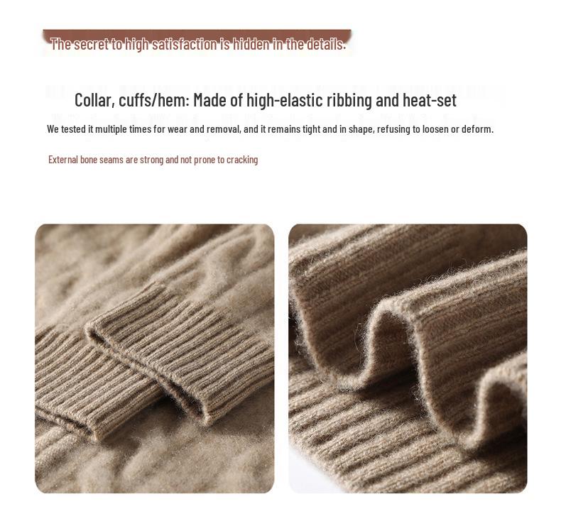 Women's Cashmere Knit Base Layer: Korean Style, Semi-High Neck, Long Sleeves, Half-Zip, Full Body Cable Knit Design. Fashionable & Versatile.