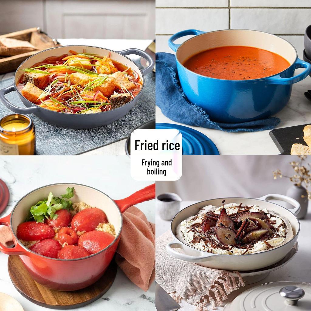 Emaljerat gjutjärn 7-delars set: Soppgryta, Mamma-gryta, Stekpanna, Non-stick-panna