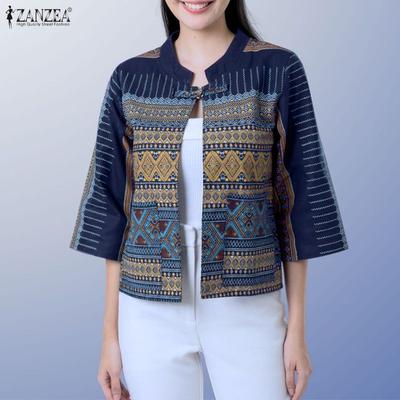 Blusa Cardigan Casual Feminina com Estampa Étnica e Gola Alta de 3/4