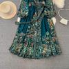 New Light Luxury Green Flower Wrap Dresses Women V-neck Lantern Sleeve High Waist Lace-up Vintage High End Court Long Dress