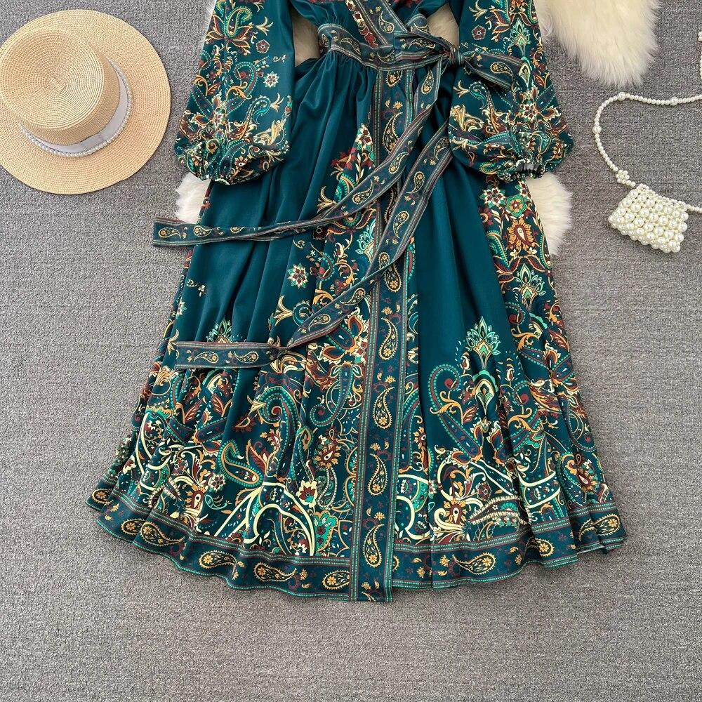 New Light Luxury Green Flower Wrap Dresses Women V-neck Lantern Sleeve High Waist Lace-up Vintage High End Court Long Dress