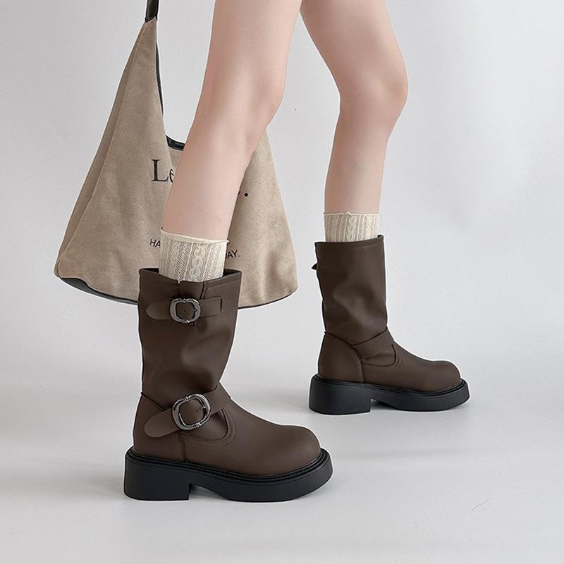 Fashion retro leather boots belt buckle Martin boots women's autumn and winter versatile leather casual shoes fashion boots short boots tide