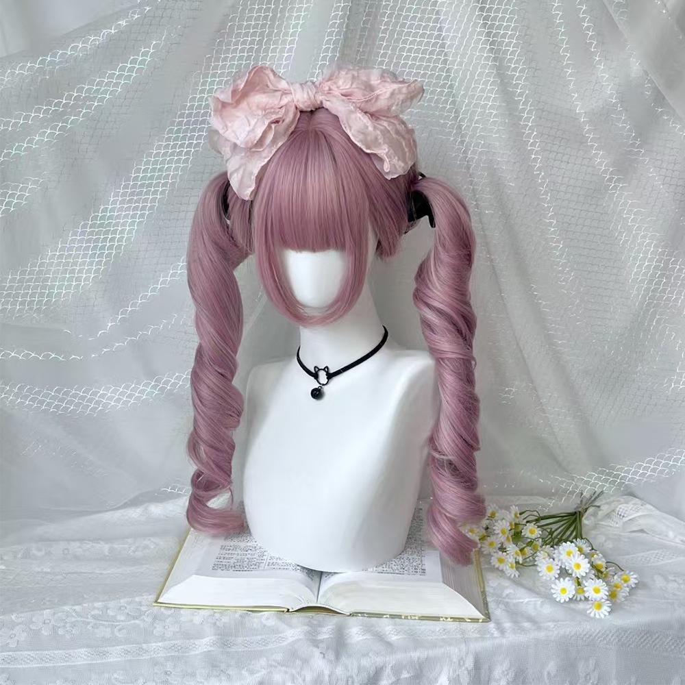 Heat Resistant Synthetic Curly Wig With Bangs Double Ponytail For Women Lolita Anime Cosplay Party