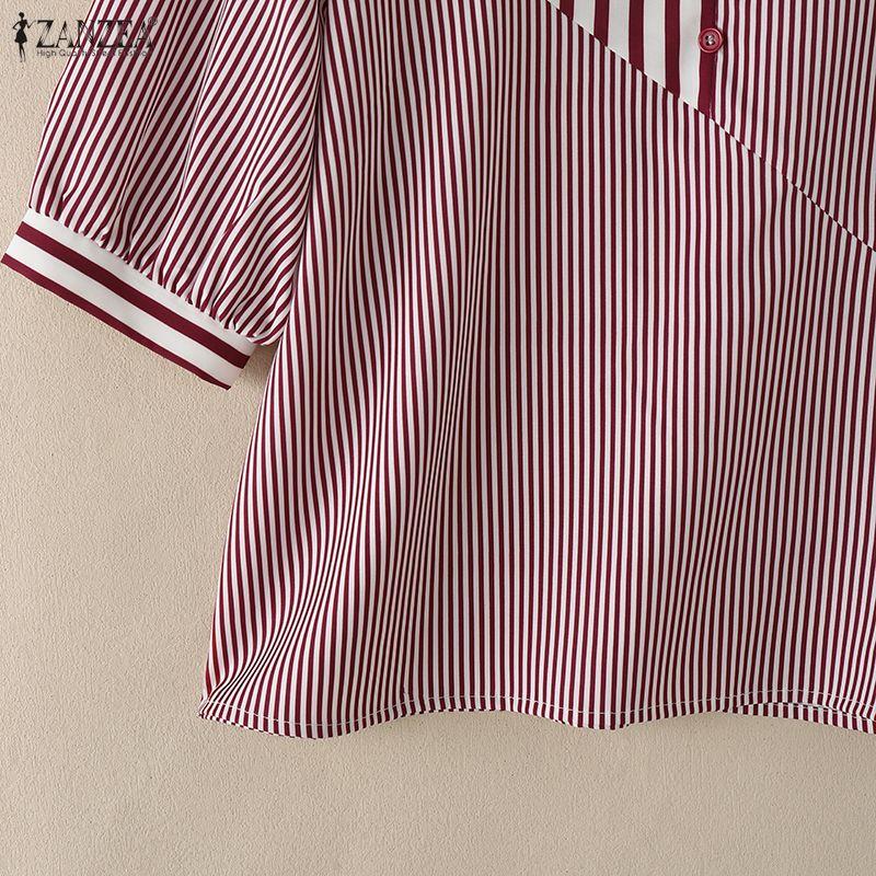 ZANZEA Women Casual V-Neck Half Sleeve Loose Stripe Blouse