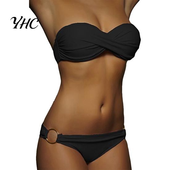 Traje de Baño 2 Piezas/Set Bikini de Verano Color Sólido Push Sin Tirantes Simple Traje de Baño para Mujer para la Playa