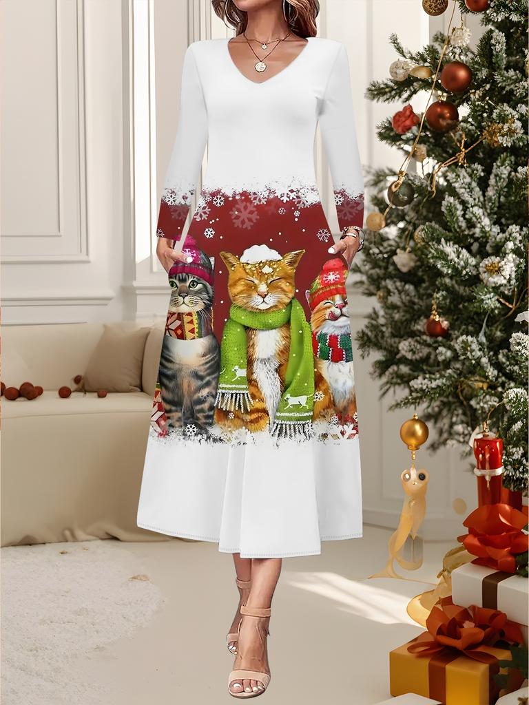 2025 Autumn and Winter New Women Casual Fashion Dress 3D Snowman Pattern Print Long Sleeve V-Neck A-Line Dresses Christmas Gift
