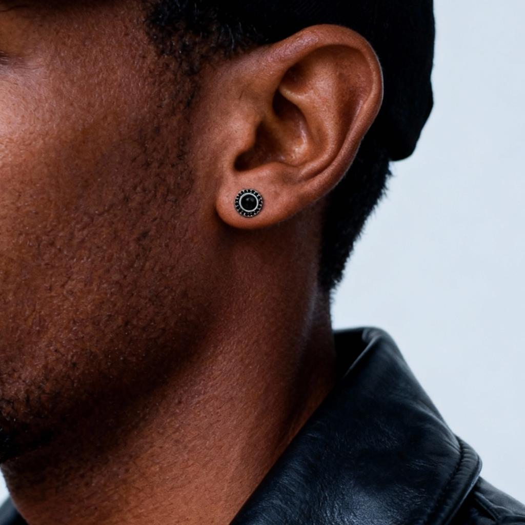 New Natural Stone Men's Small Round Stud Earrings,Simple Stainless Steel Metal Stud Earrings,Hip Hop Cool Jewelry Gift