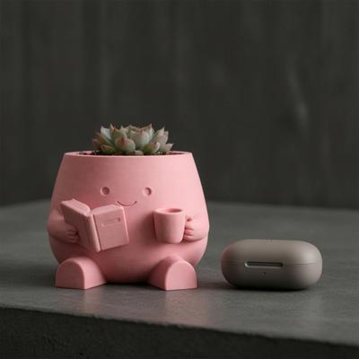 Maceta con Cara Sonriente Linda, Maceta con Cabeza Leyendo Impresa en 3D, Maceta con Figura Sentada Sosteniendo Libro y Taza para Suculentas Cactus Decoración de Escritorio