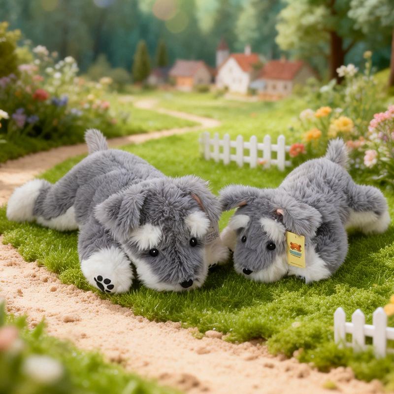 Lindo Peluche de Schnauzer Tumbado Peludo Perro Gris Blanco Animal de Peluche Muñeco Suave Almohada de Cachorro Regalo de Cumpleaños para Niños Decoración del Hogar