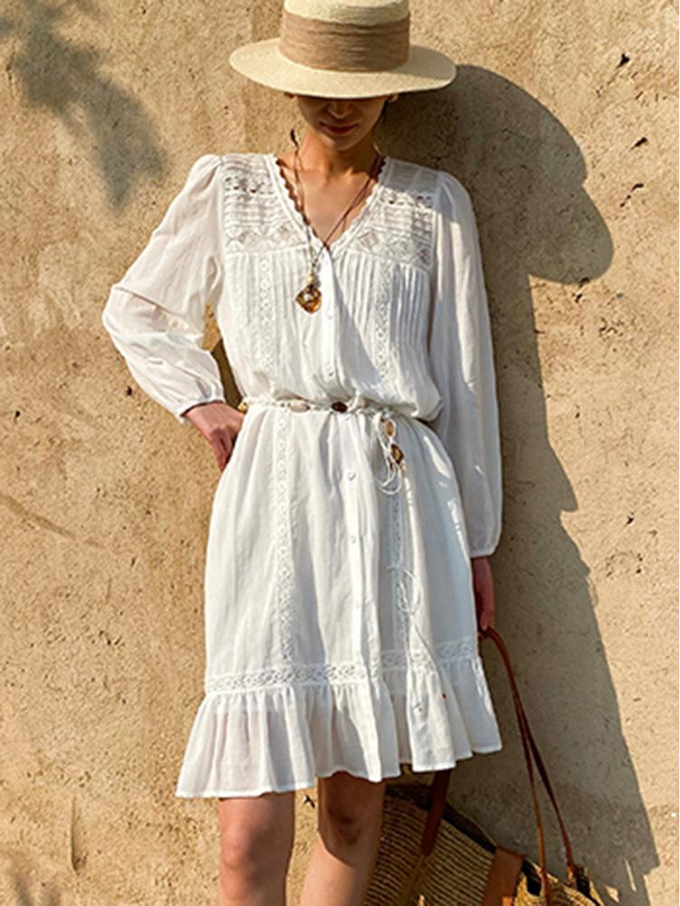 Southern France Long Sleeve White Shirt Dress - Women's Spring/Summer French Style