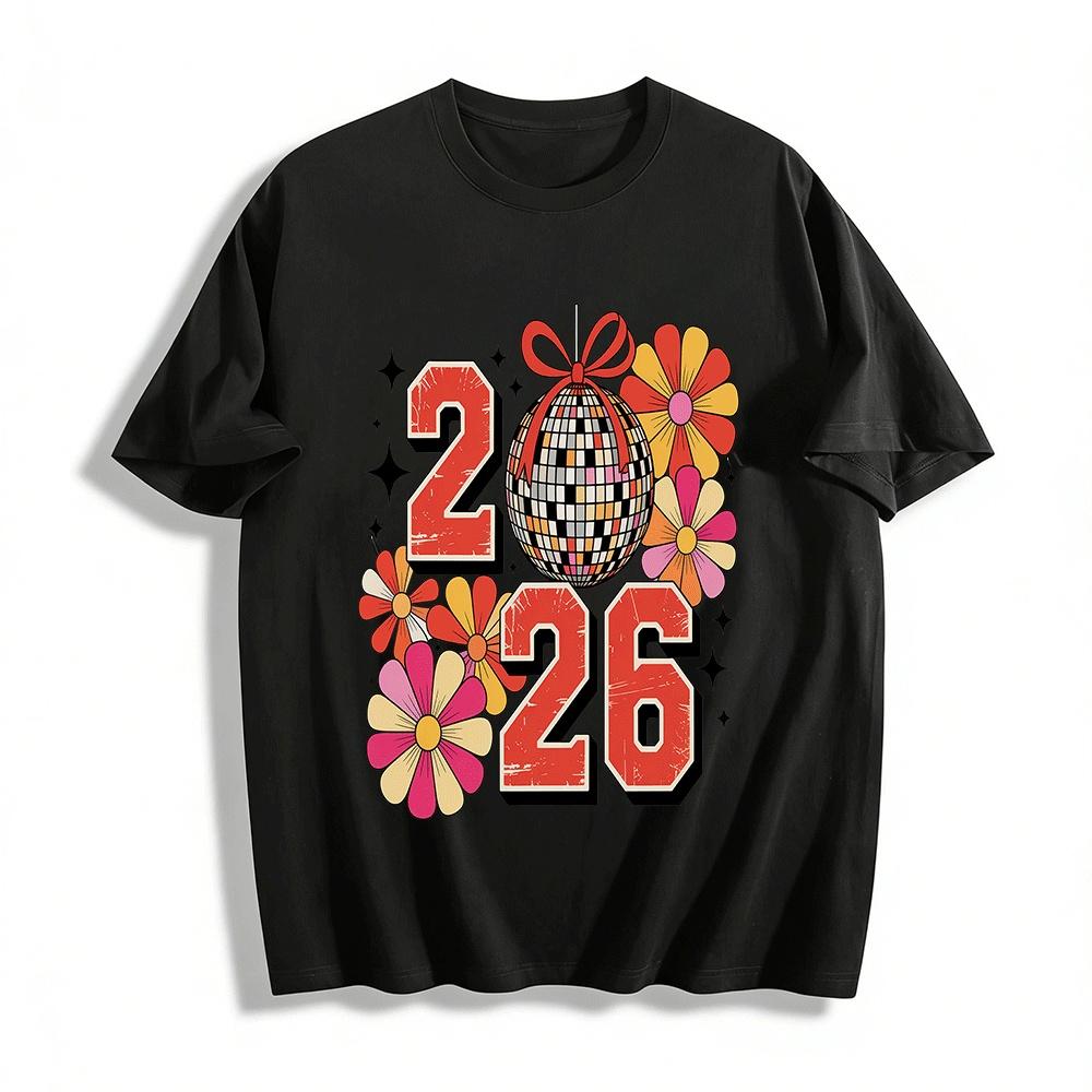 Retro 2026 Disco Ball Floral Print New Year Party Casual Top Pure cotton T-shirt XXS