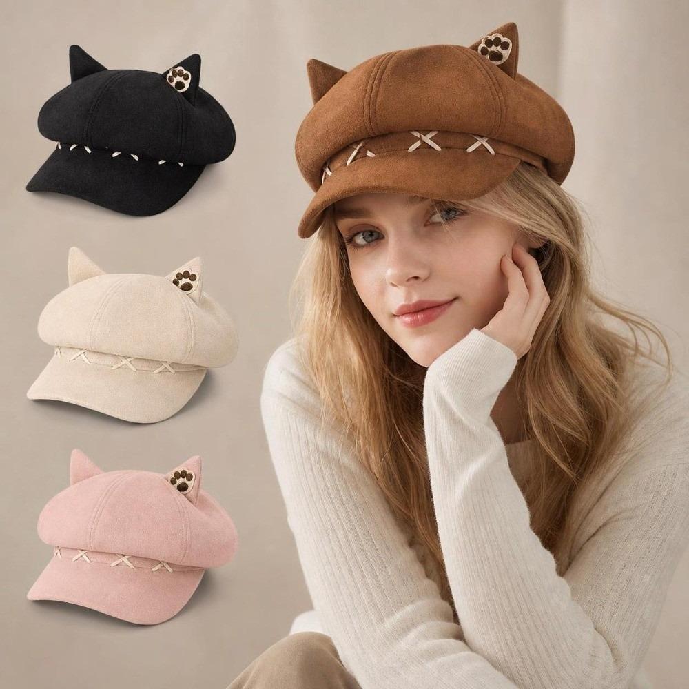 Katzenohr Wintermütze Schleife Achteckige Mütze Mode Baskenmütze Kappe Damen