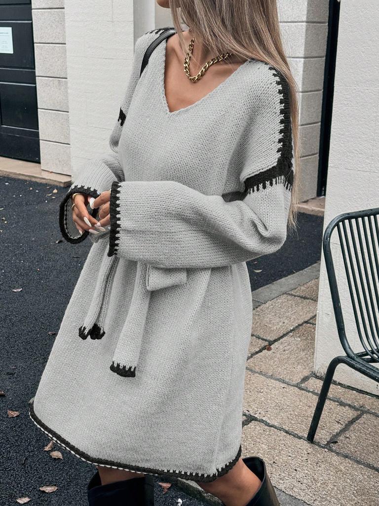 Women's Loose-fit Knitted V-neck Long Sleeve Dress With Belt