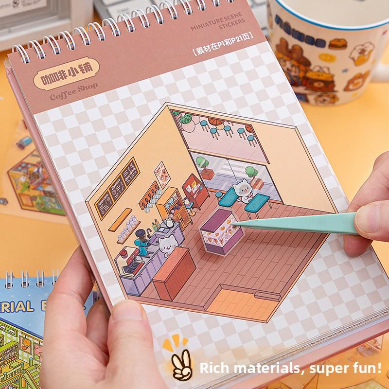 29 Stickers + 20 Scene Images/pack Miniature Sticker Book Sunshine Town 3D Cartoon  Diy Landscape Decoration Sticker Book