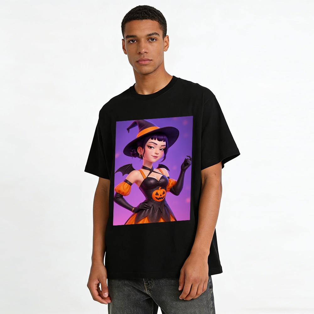 Halloween Pumpkin Witch Print Casual Top Festival Vibe Loose Comfortable Versatile Long Sleeve T-Shirt Pure cotton T-shirt