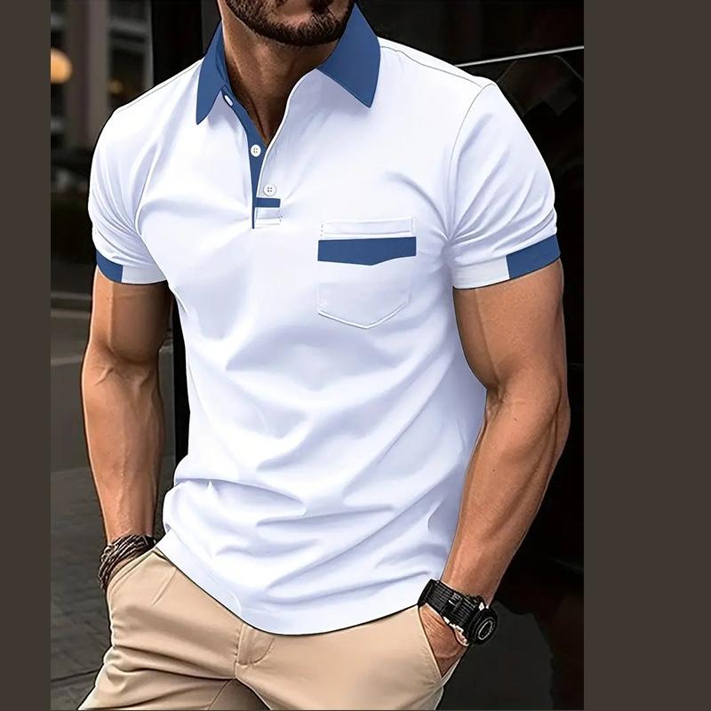 Summer Men's Lapel Button Polo Shirt Loose Casual Trend Pocket Color Block Men's Sports Fitness Polo Shirt