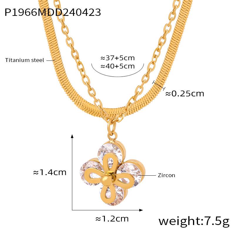 Gold-Plated Titanium Steel Necklace with Rhinestone-Inlaid Floral Pendant