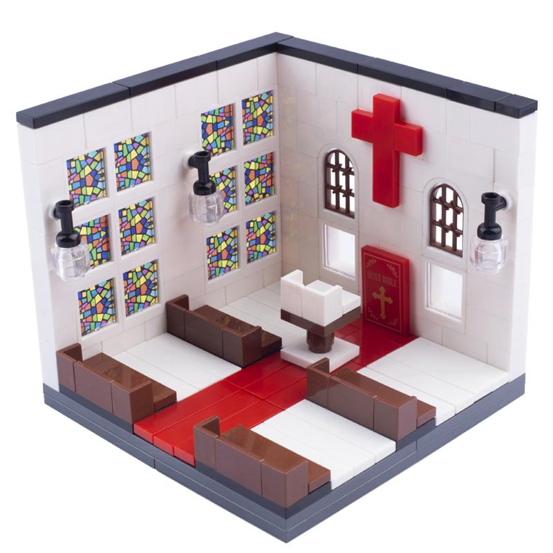 MOC City Church Bedroom Hospital Building Blocks Studio Christmas Cabin Mini Bricks Model Printed Figures Scene Kids Toys Gifts