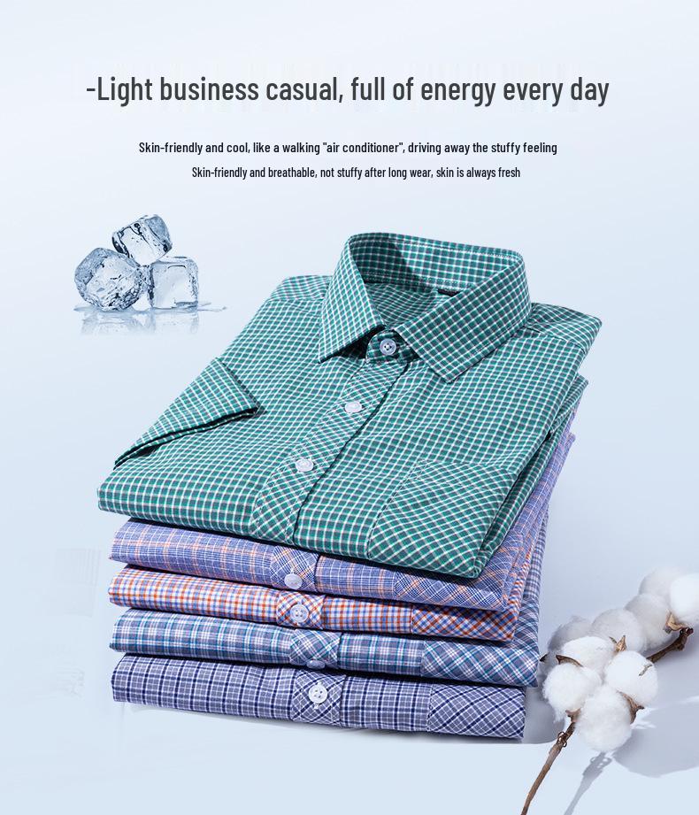 Men's Summer Plaid Cotton Short Sleeve Shirt - Breathable & Sweat-Absorbing