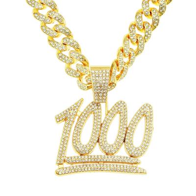 Full Diamond 1000 Points Pendant Cuban Chain Necklace, Men's Hipster Street Accessories, European and American Hip Hop Digital Domineering Tag