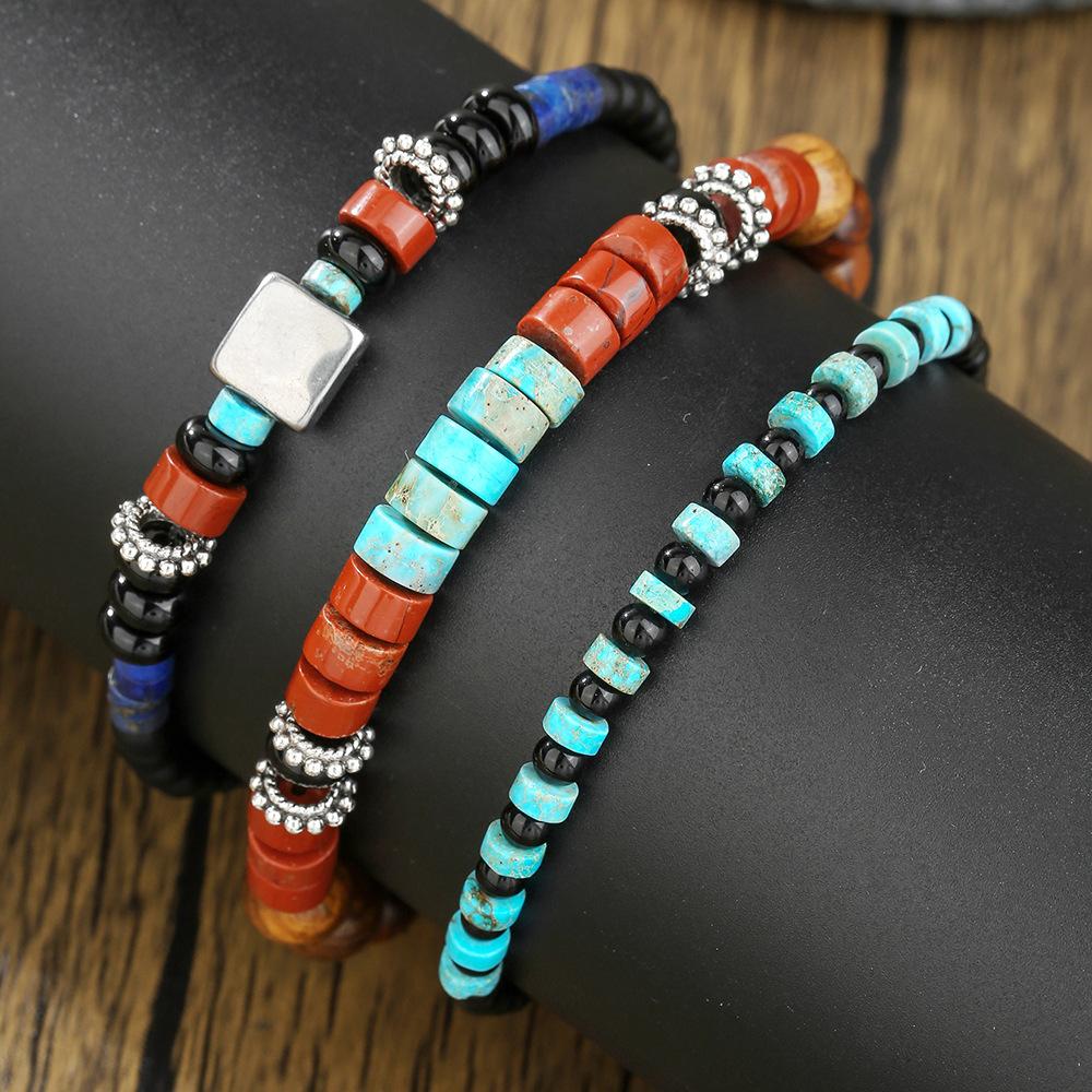 New Natural Stone Beaded Bracelet Combination Men's Personality Retro Bohemian Black Gallstone Stacked Bracelet