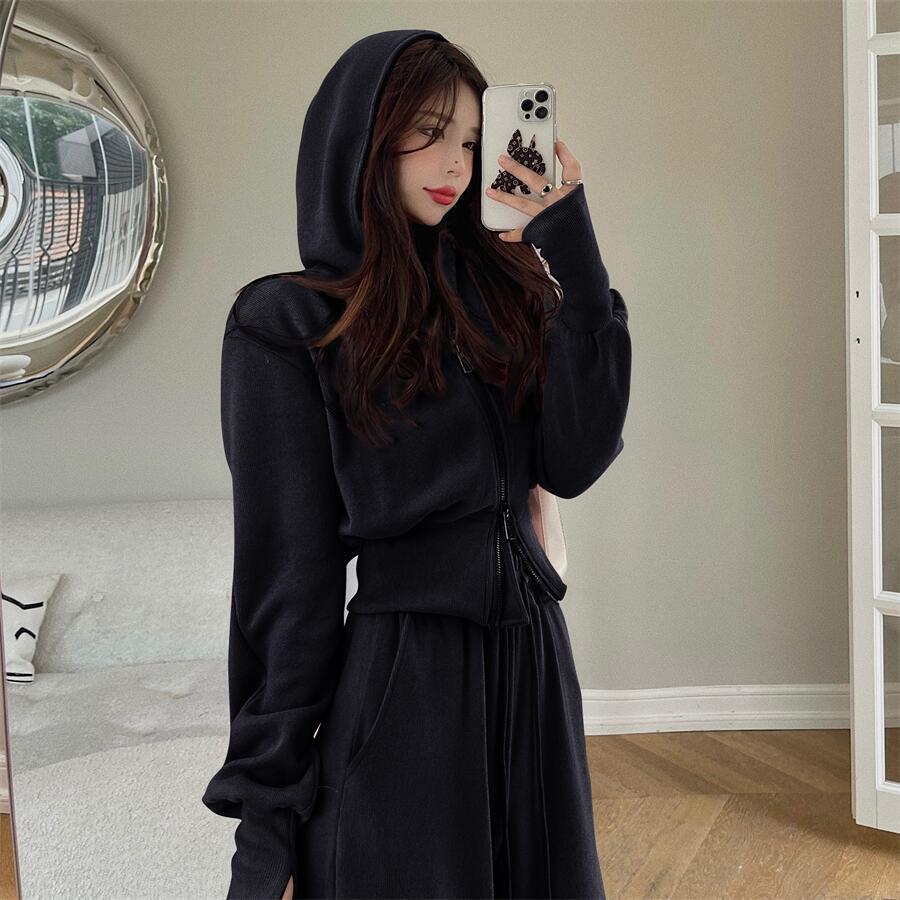 Early Autumn Sporty Double-Zip Hoodie & Drawstring Ankle-Tie Pants Set for Women