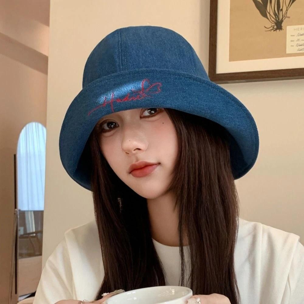 Letter Embroidery Distressed Cowboy Bucket Hat Drawstring Adjustable Windproof Fisherman Hat Wide Brim Casual Sun Hat