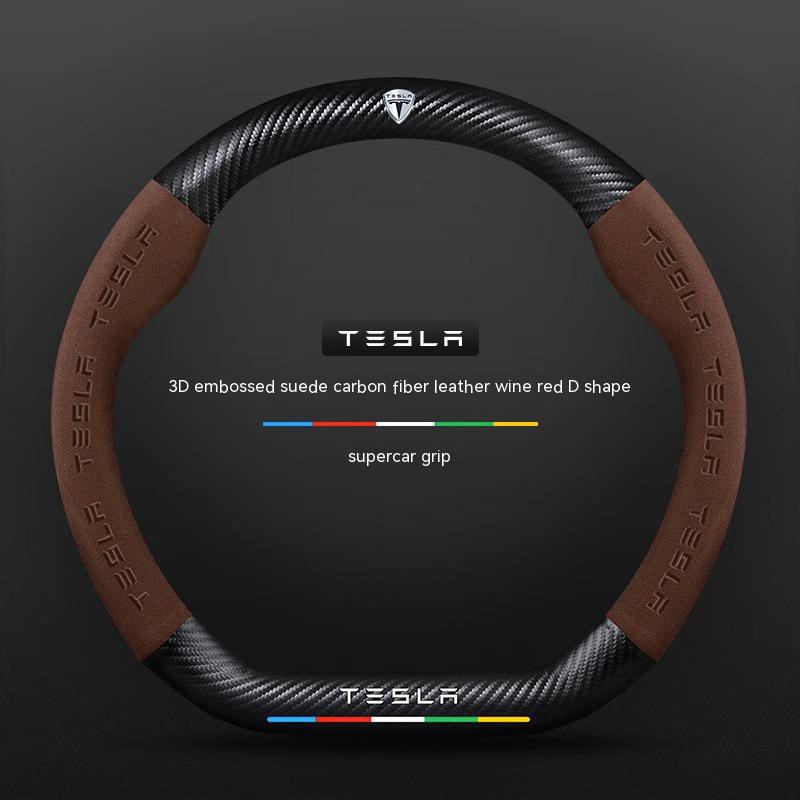 ALA1 Tesla Model 3 Model Y Model S Model X Roadster Suede Carbon Fiber Anti-slip Breathable Car Steering Wheel Cover Auto Accessories