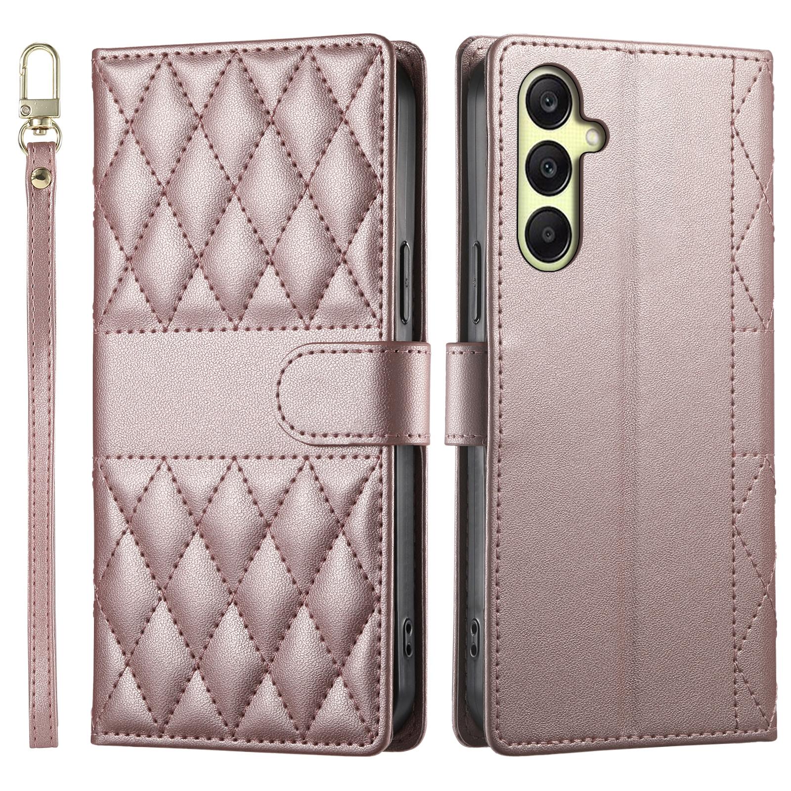 

Для Samsung Galaxy A16 5G/4G Чохол Ромбова прошивка Гаманець Підставка Шкіряний чохол для телефону з довгим/коротким ремінцем Rose Gold
