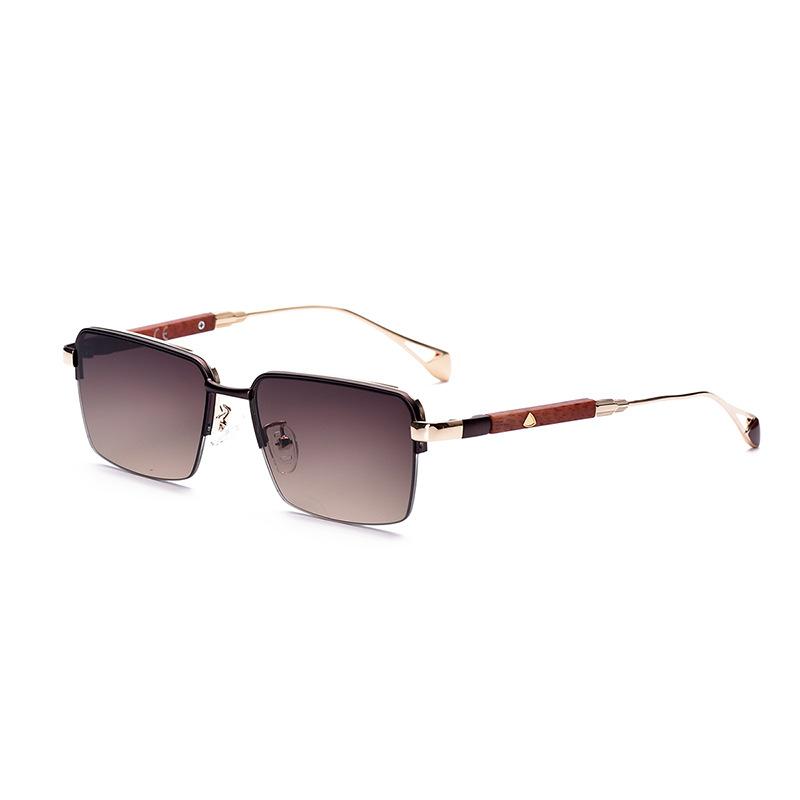Men'S High-End Light Luxury Half Frame Sunglasses Travel Sunglasses With Metal Frames Wood Grain Brown Driving Glasses