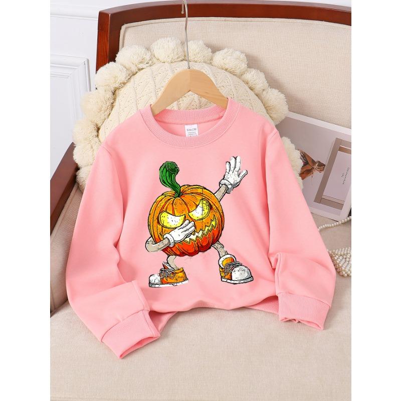 European sizes Pumpkin Character Girls' Crew Neck Sweatshirt, Halloween, Autumn Winter, Western Style, Long-Sleeved, Casual Colors for Young Girls.