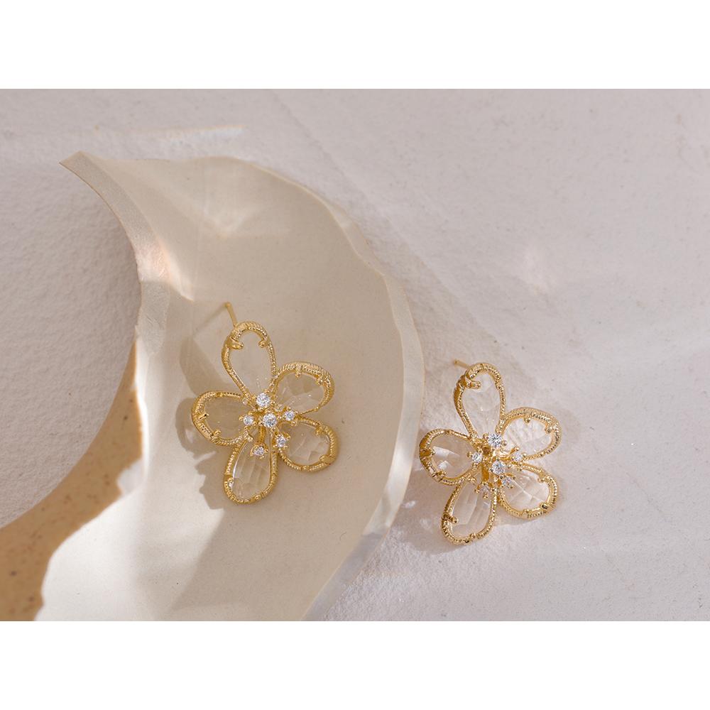 Yhpup Shiny Cubic Zirconia Flower Stud Earrings Exquisite Trendy Copper 14 K Plated Women Earrings Gift