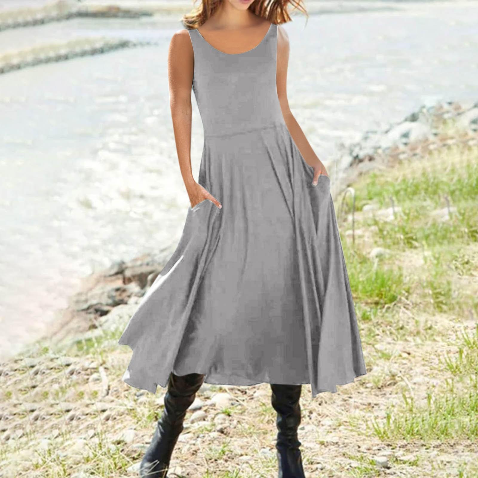 

Женское повседневное модное однотонное длинное платье без рукавов без рукавов S серый