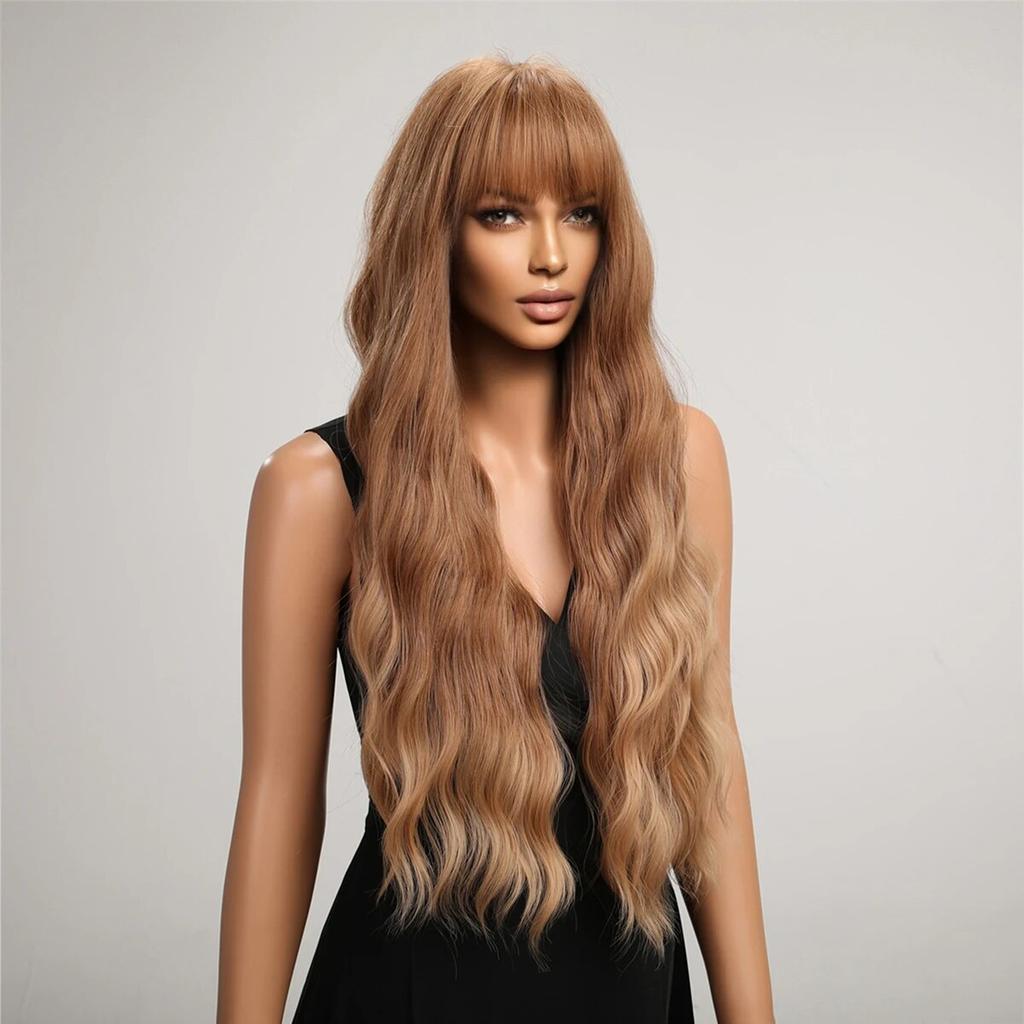 Long Water Wave Synthetic Wigs with Bangs Natural Ginger Brown Loose Curly Wavy Wig for Black White Women Heat Resistant Daily