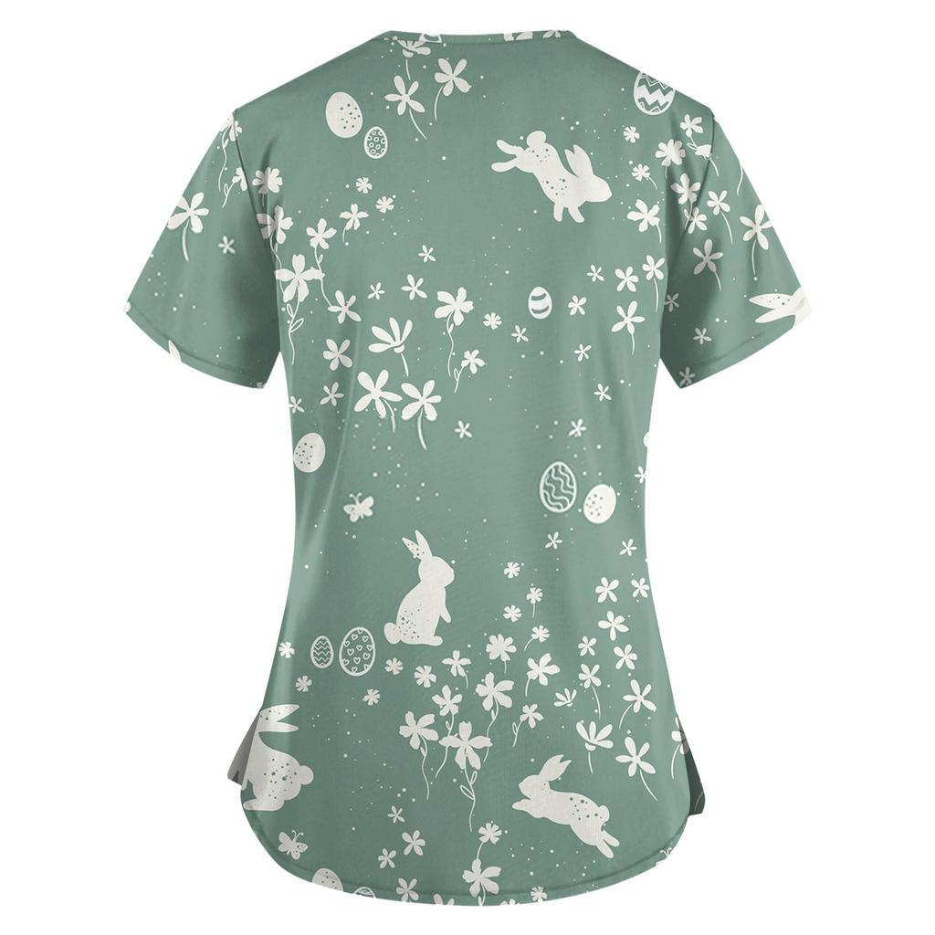 Women's Fashion V-neck Short Sleeve Workwear With Pockets Printed Tops