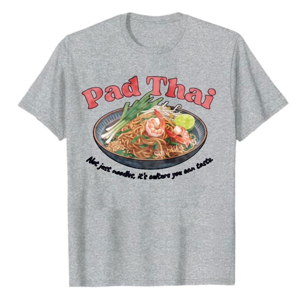 Watercolor Pad Thai Food Illustration Short Sleeve Crew Neck Cotton T Shirt Relaxed Fit Noodles Shrimp Lime Green Onions Tops
