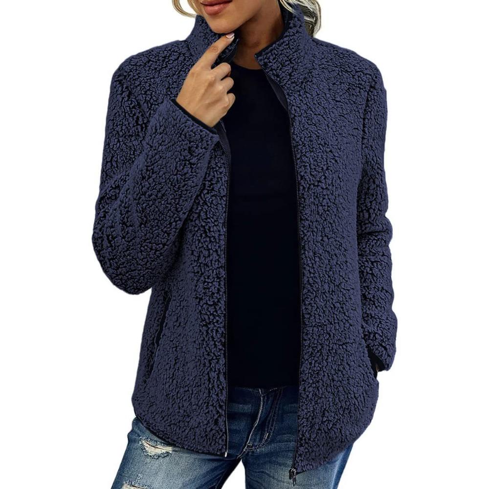 Stand Collar Solid Color Sweatshirt Women Casual Fashion Long Sleeve Zip Up Bubble Fleece Jacket