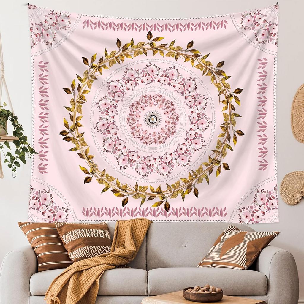 Floral Bohemian Tapestry for Bedroom & Living Room - Pink Mandala Wall Hanging - 38x28 inch
