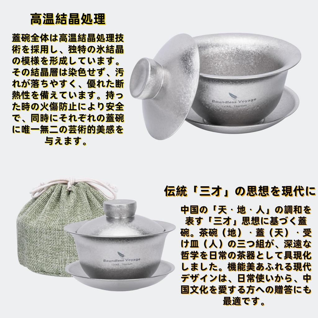 Boundless Voyage Titanium Gaiwan 130ml Chinese Portable Tea Set for with Storage Crystal Silver Ti3144D Double-Walled Teacup, Heat-Resistant,