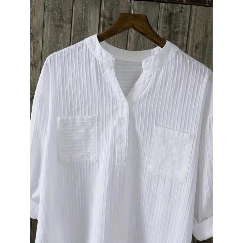 Plus Size Women White Loose Casual Round Neck Three Quarter Sleeve Shirt