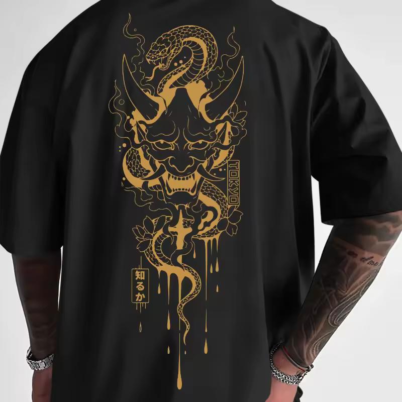 Japanese Style Dark Style Men's T-shirt with Prajna Snake Element Printed Men's T-shirt for Summer, New Unisex Casual T-shirt