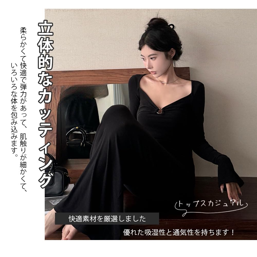 PHOLEEY Long Sleeve Sexy Tight Deep Slim Fit Stretch Perfect for Parties and Black Women's V-Neck Dress, Dates,