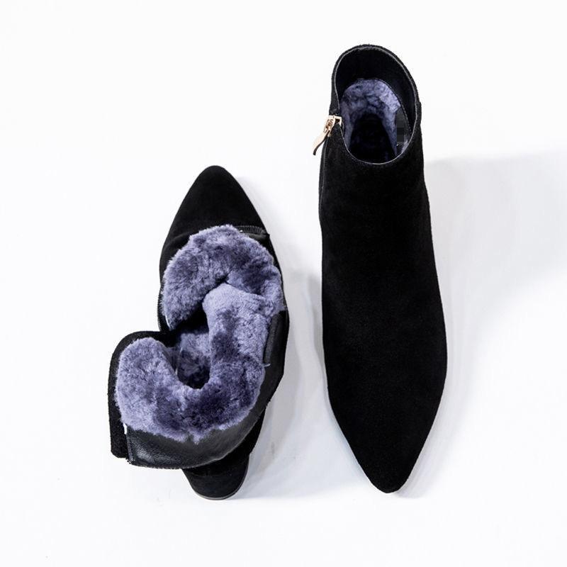 Warm velvet thickened short boots women's autumn new fashion women's boots versatile pointed high heel thick heel Martin boots